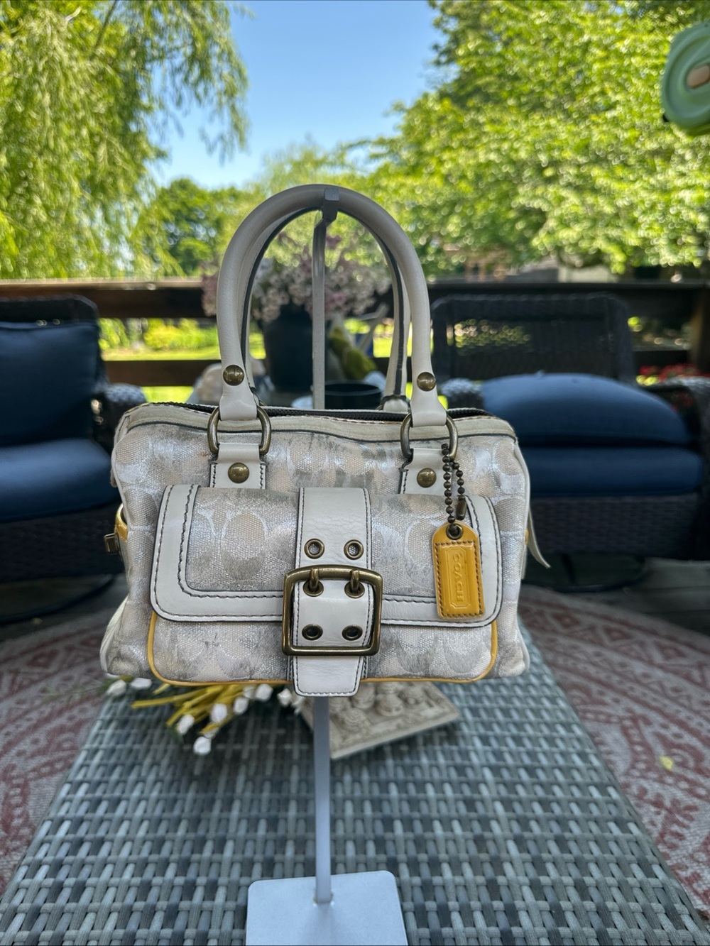 Coach Signature Mini Hand Bag Cream Canvas Buckle Logo - Japan Exclusive